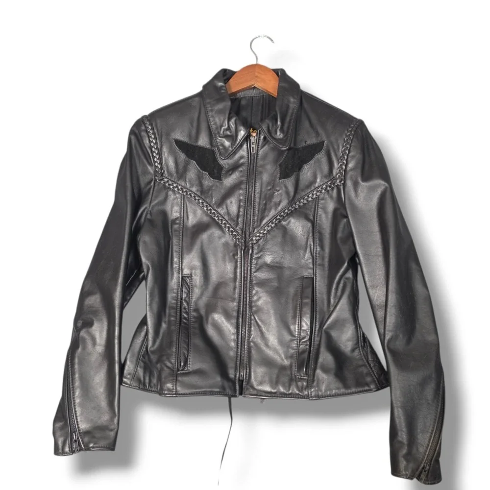 Protech Vintage Black Leather Braided Moto Biker‎ Wing Jacket Womens Size 14 USA